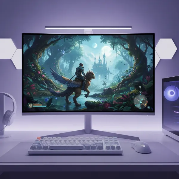 A gaming setup with a 27-inch 1440p monitor showing a visually rich game