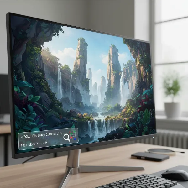 Close-up view of a 27-inch 4K monitor displaying incredibly sharp, detailed images.