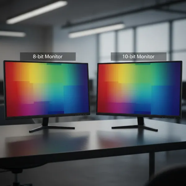 Visual comparison of color gradients displayed on an 8-bit monitor versus a 10-bit monitor