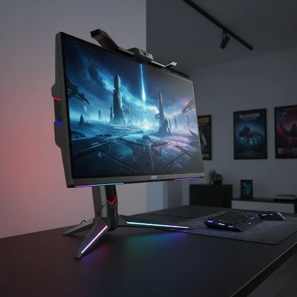 Acer Predator X27 monitor with ergonomic stand and customizable ambient RGB lighting.
