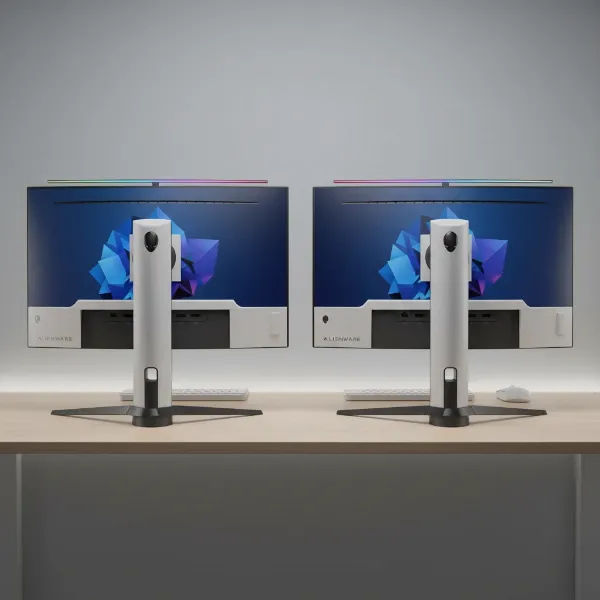 Two Alienware 34 Curved QD-OLED monitors side-by-side, showcasing subtle differences in design or on-screen features