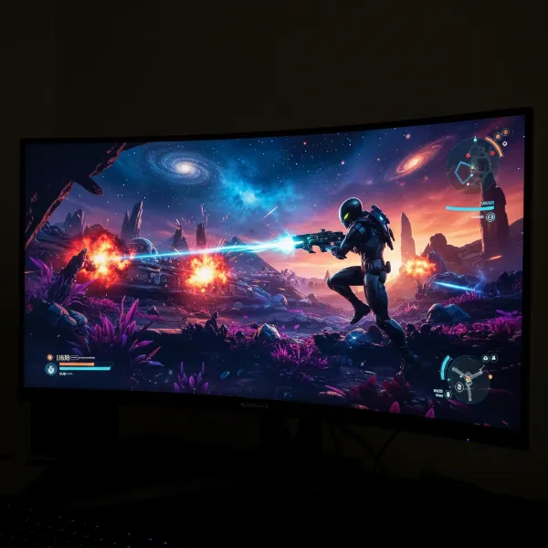 Alienware 34 Curved QD-OLED monitor displaying a vibrant gaming scene with rich colors and deep blacks