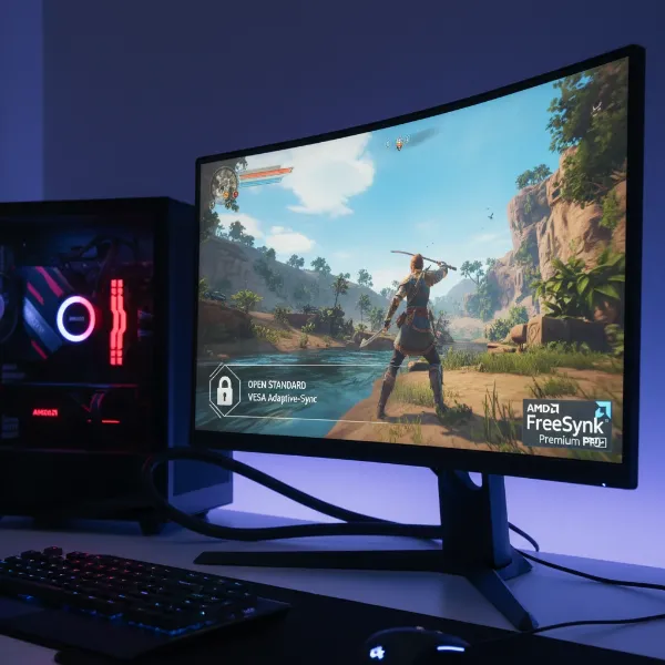 AMD FreeSync logo prominently displayed on a monitor, or a diagram showing FreeSync using VESA Adaptive-Sync.