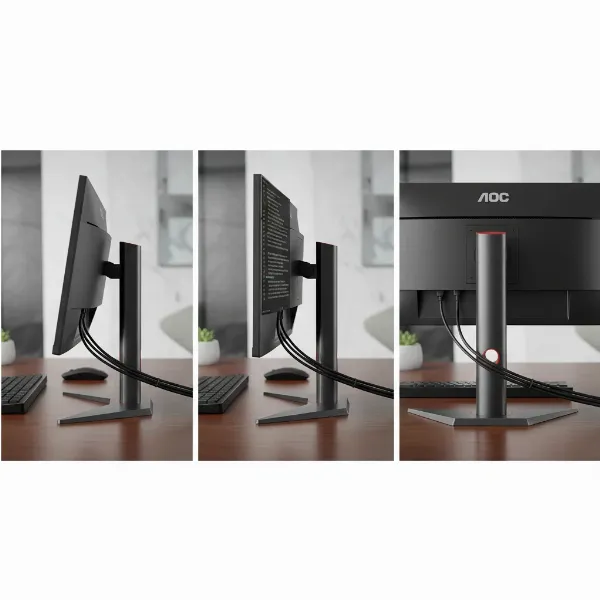 Detail shot of the AOC G2 monitor's ergonomic stand, highlighting height, pivot, and tilt adjustments.