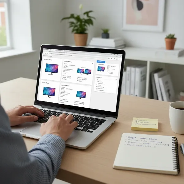 A person comparing specifications and prices of different computer monitors for graphic design on a laptop screen.