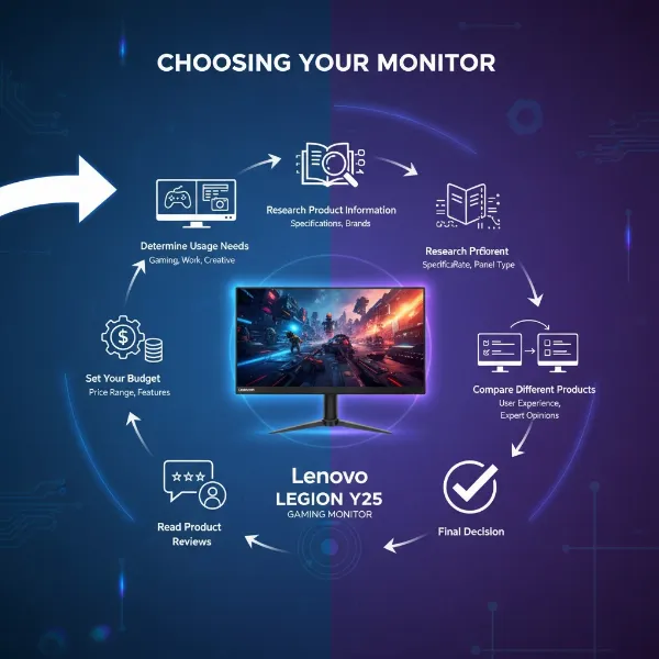 Graphic illustrating the decision-making process for choosing a gaming monitor, with factors like budget and needs.