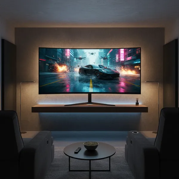 A sleek, modern computer monitor displaying a vibrant, cinematic movie scene in a cozy home theater setting.
