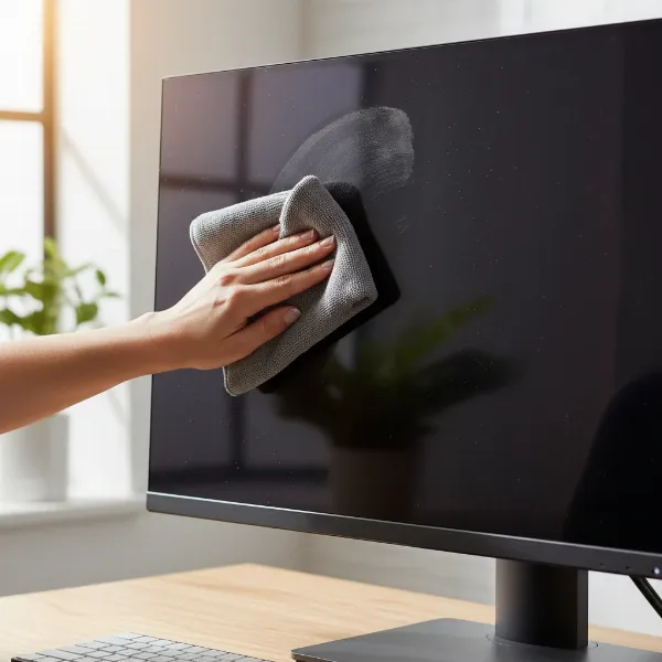 A hand gently wiping a computer monitor screen with a microfiber cloth, showing a streak-free clean result in a bright home office setting.