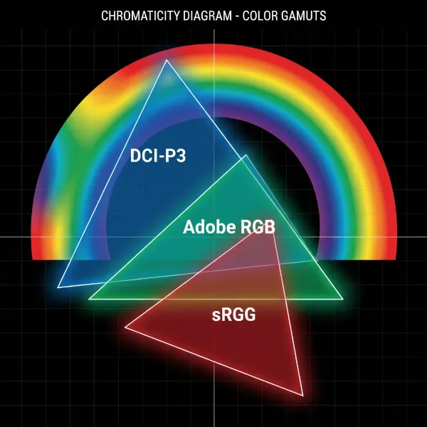 Diagram comparing sRGB, Adobe RGB, and DCI-P3 color gamuts, illustrating their different color ranges.