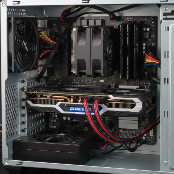 Close-up view of internal computer hardware, highlighting GPU and power supply unit.