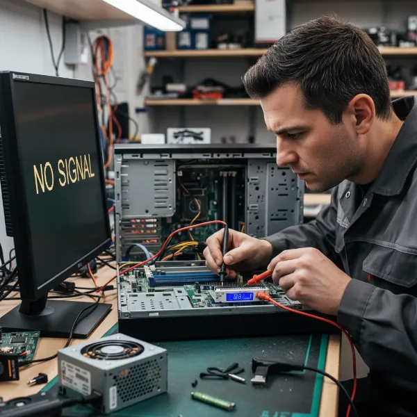 computer repair technician diagnosing PC no signal problem