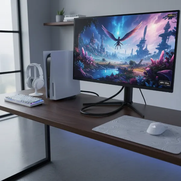 A sleek console gaming setup with a high-fidelity computer monitor displaying vibrant gameplay.