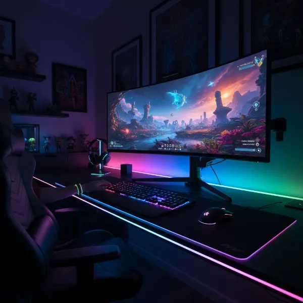 A gamer seated in front of a large, curved ultrawide monitor displaying an immersive open-world game scene, with vibrant colors and fast action, showcasing the wrap-around effect.