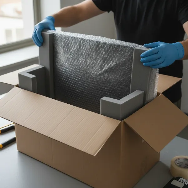 Person carefully packing a curved monitor into a box with bubble wrap and foam, focusing on the curved screen.