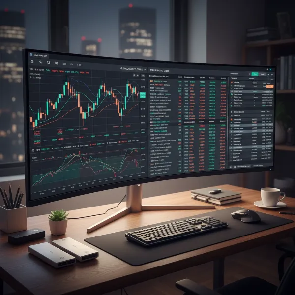 A curved computer monitor displaying financial markets for an immersive trading experience.