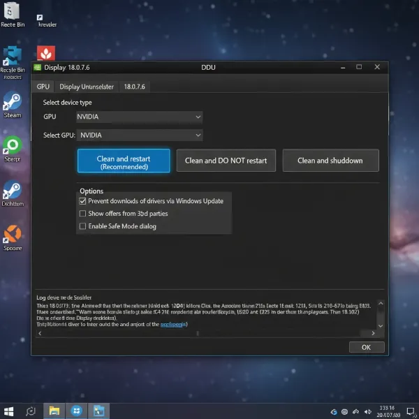 Screenshot of DDU interface, displaying options for a clean graphics driver installation.