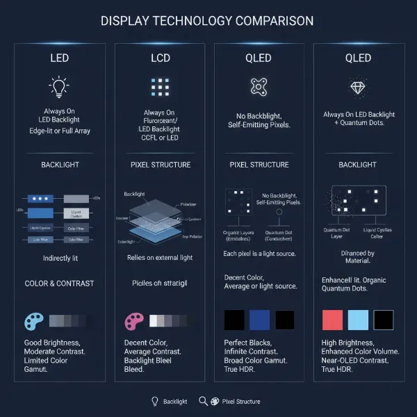 A visual comparison showing different computer monitor technologies like LED, LCD, OLED, and QLED.
