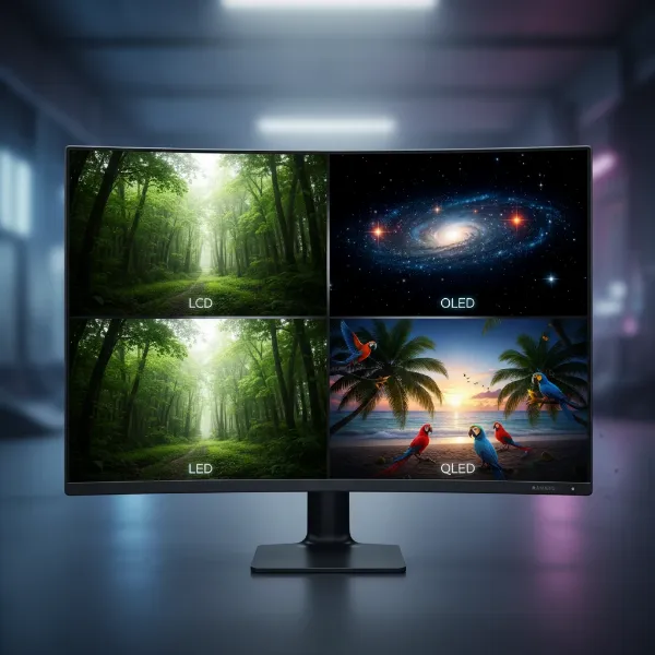 Visual comparison of LED, LCD, OLED, and QLED display technologies side-by-side.