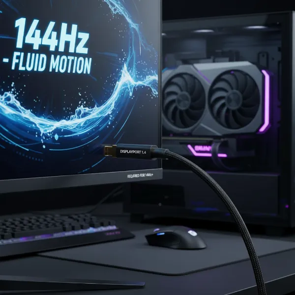 A DisplayPort cable, ideal for high refresh rate monitors