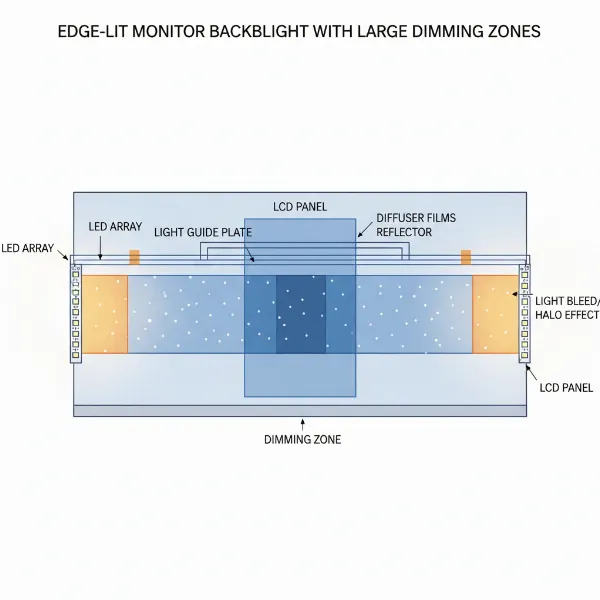 Diagram of an edge-lit computer monitor showing LEDs along the perimeter and light diffusion.