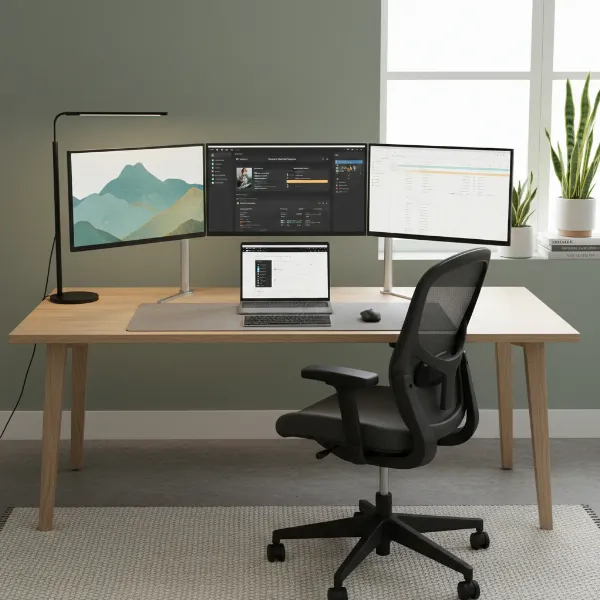 A tidy home office setup featuring a laptop connected to two external monitors, bathed in soft, inviting light.