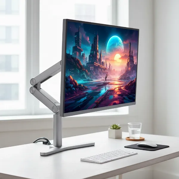 Ergonomic computer monitor with adjustable stand on a modern desk.