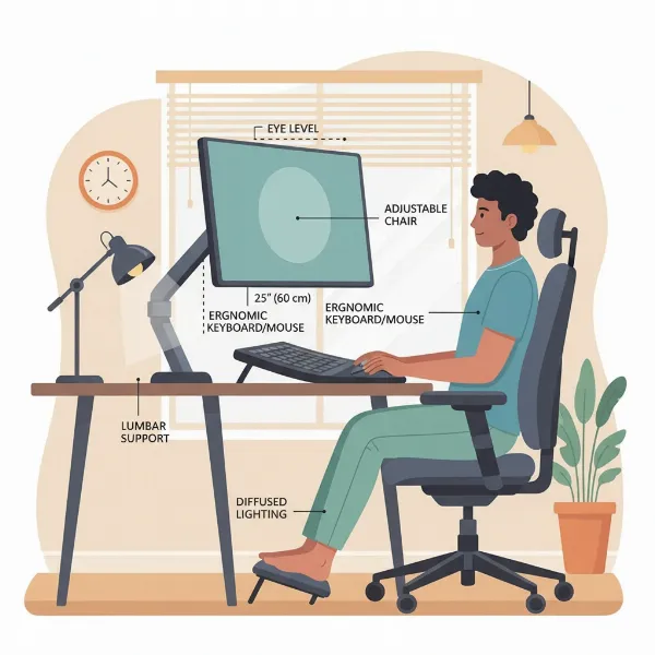 An ideal ergonomic computer monitor setup showing proper height, tilt, and viewing distance for eye comfort.
