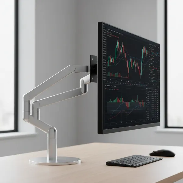 A computer monitor on an adjustable ergonomic stand, with VESA mount compatibility shown.