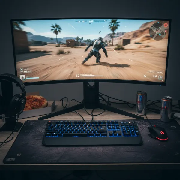 A high refresh rate computer monitor displaying a competitive esports game, with a gamer's setup featuring keyboard, mouse, and headset.