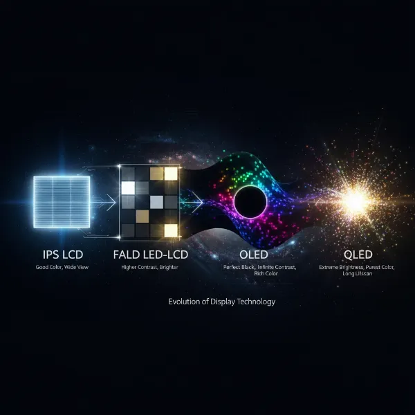 Conceptual illustration of the evolution and comparison of different monitor display technologies.