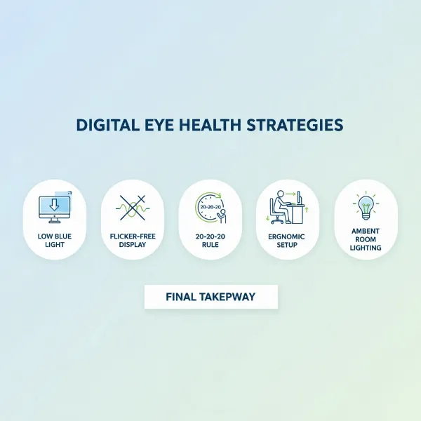 A summary illustration of key tips for maintaining eye health in a digital world, including monitor choice and habits.
