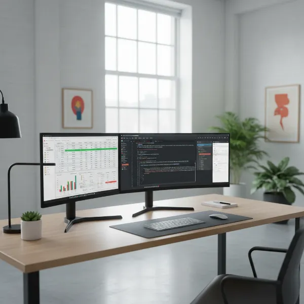 A flat computer monitor and a curved computer monitor side-by-side on a modern office desk with productivity tools