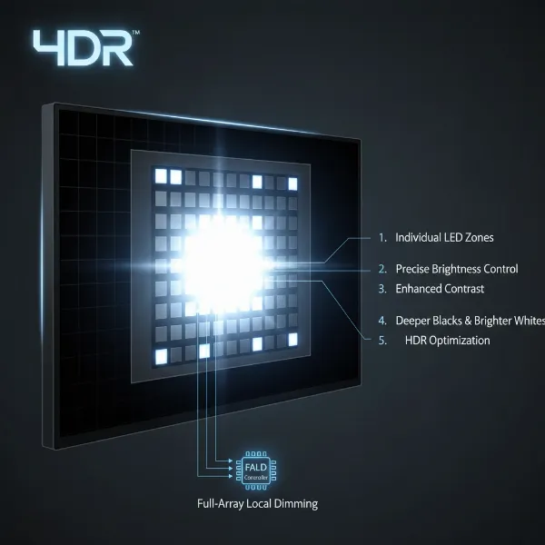 Illustration of full-array local dimming LED monitor technology enhancing contrast and HDR performance.