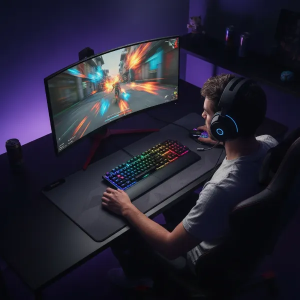 A happy gamer fully immersed in a game on an AOC G2 series monitor, reflecting satisfaction.