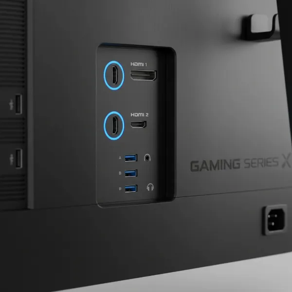 Rear view of a gaming monitor showing various connectivity ports like HDMI, DisplayPort, and USB.