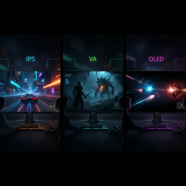 Visual representation of different gaming monitor panel technologies like IPS, VA, and OLED display characteristics.