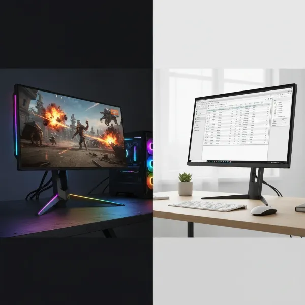 Side-by-side comparison of a gaming monitor and an office monitor, highlighting their differences in design and assumed features