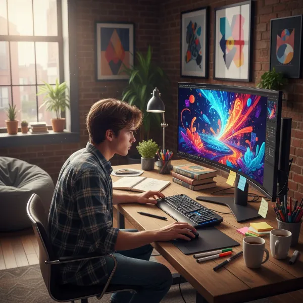 A graphic design student working diligently on a high-quality computer monitor displaying creative work.
