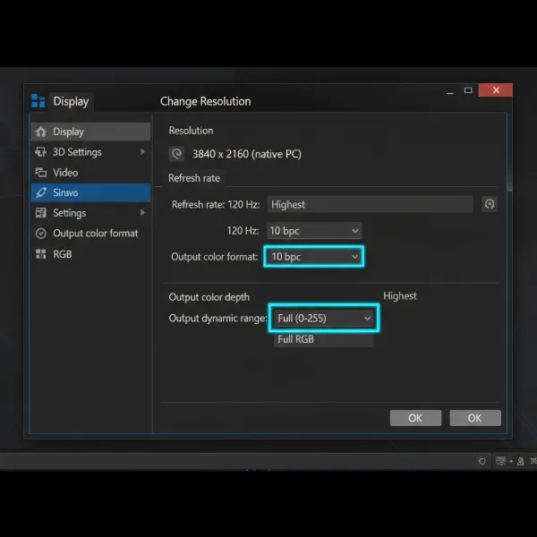 Screenshot of graphics card control panel showing output color depth and dynamic range settings