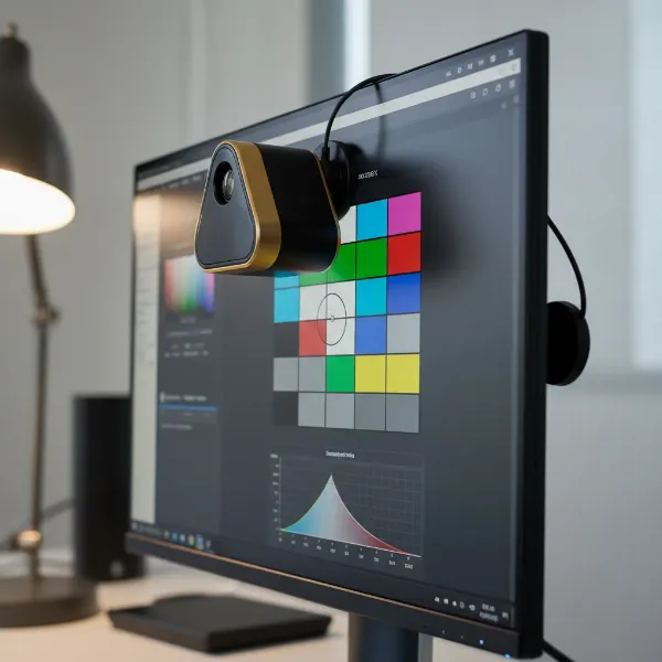 A colorimeter device attached to a monitor screen, performing hardware calibration for color accuracy.