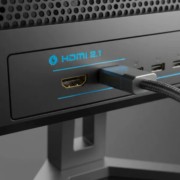 Close-up of an HDMI 2.1 port on a gaming computer monitor