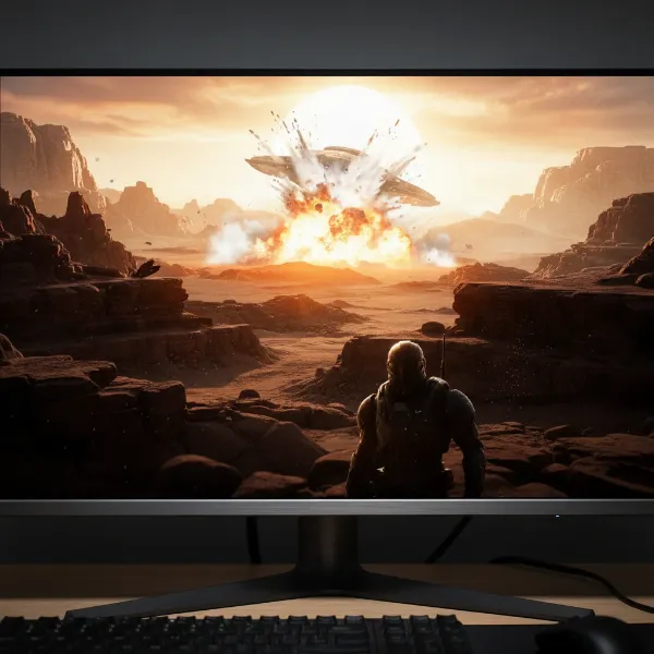 A monitor displaying a high dynamic range (HDR) movie scene with extreme brightness and deep shadow details.