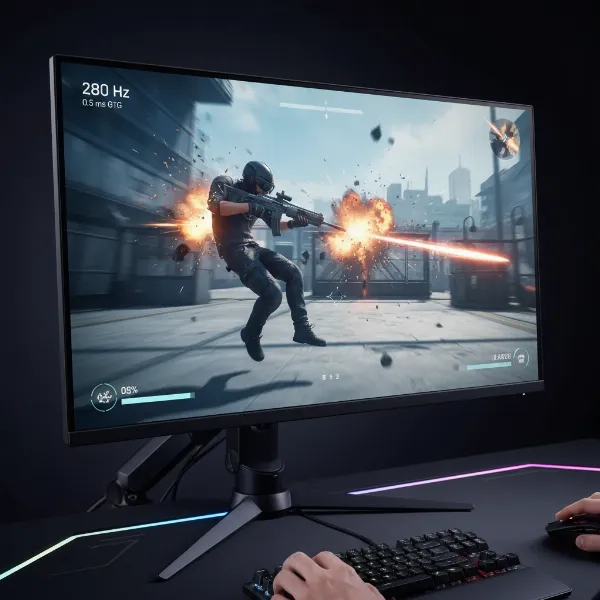 A fast-paced esports game scene on a monitor with high refresh rate and low response time, showing fluid motion.