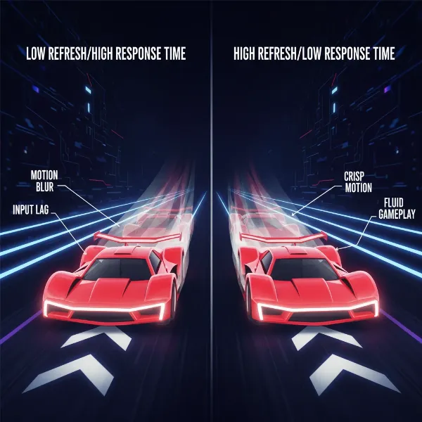 Visual comparison illustrating the benefits of high refresh rate and low response time in gaming, showing smooth motion.