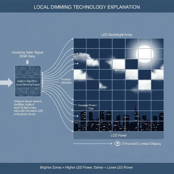 Flowchart or diagram depicting how local dimming analyzes video signals and adjusts LED brightness.