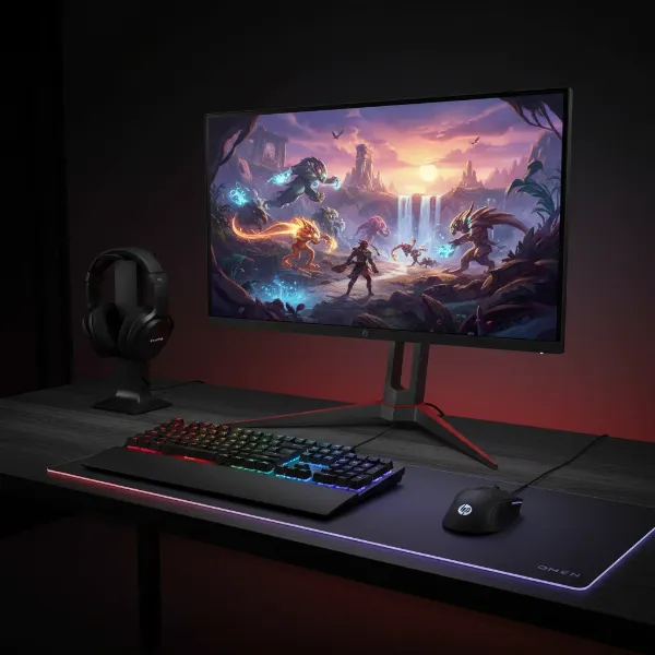 A modern HP Omen gaming monitor setup with vibrant RGB lighting and sleek design.