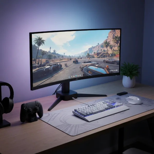 A versatile gaming setup showcasing a single high-performance computer monitor seamlessly switching between console and PC inputs.