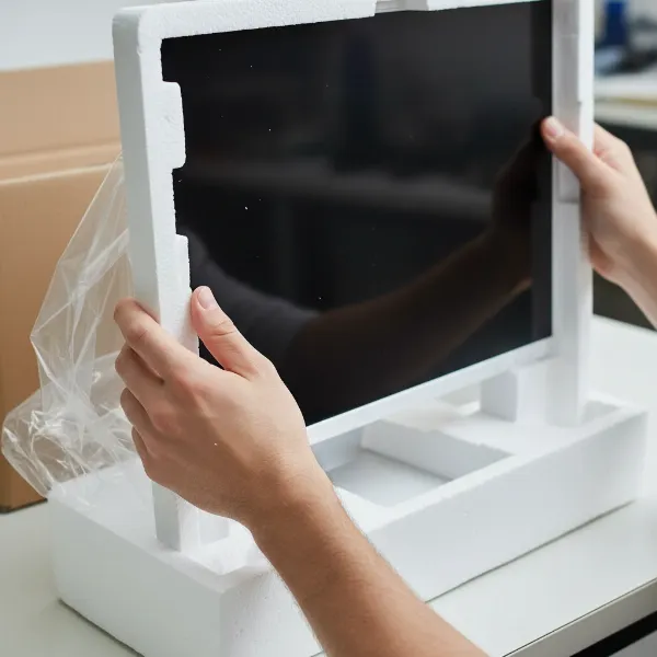 a person carefully unboxing and inspecting a brand new white computer monitor for any flaws