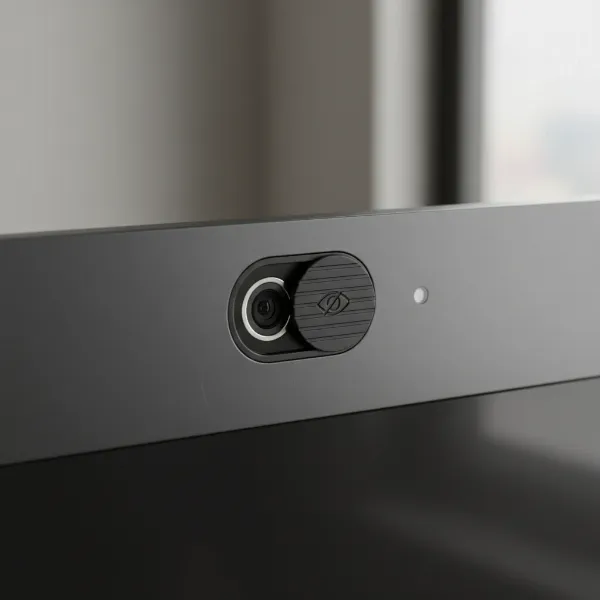 Close-up view of a monitor's integrated webcam with a physical privacy shutter in use.