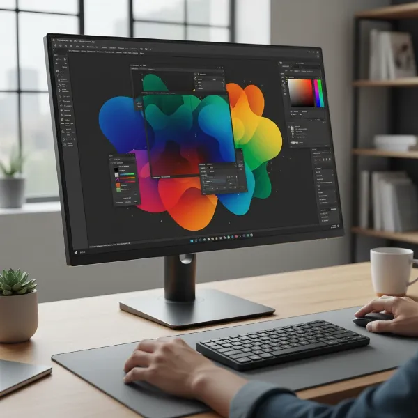 A professional working on graphic design using an IPS panel computer monitor with accurate colors.
